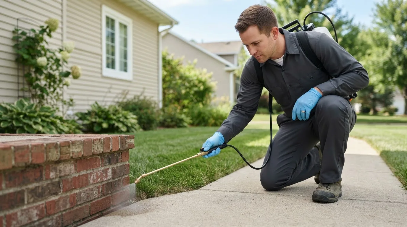 Pest control technician treating a home near Yoder, WY